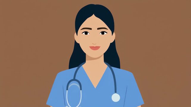Female nurse practitioner wearing a blue uniform and holding a stethoscope around her neck while standing ready to assist patients during routine medical checkups in a healthcare facility
