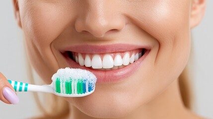 Fototapeta premium Young woman smiles while brushing her teeth with foaming toothpaste in a bathroom during a morning routine Generative AI
