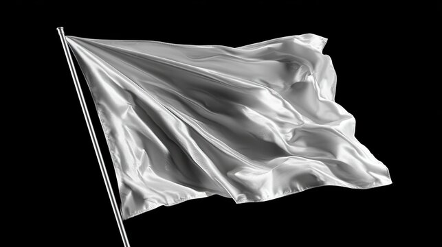 A white fabric flag flutters on a flagpole against a black background