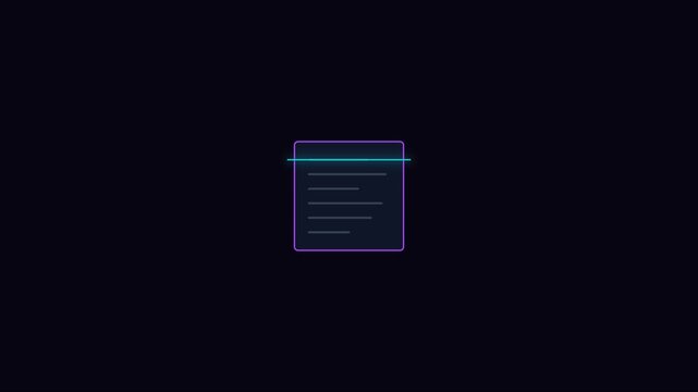 Digital document scanning animation with glowing neon interface and data processing effect 4k