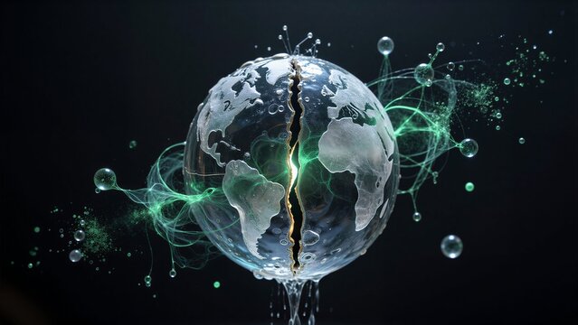 Cracked globe with green energy, bubbles, and molecular structures against a dark background.