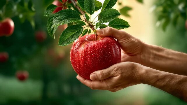 Hands Picking Ripe Red Apple From Orchard Branch