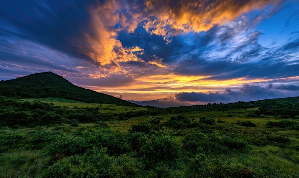 Vibrant sunset over rolling hills with dramatic, fiery clouds