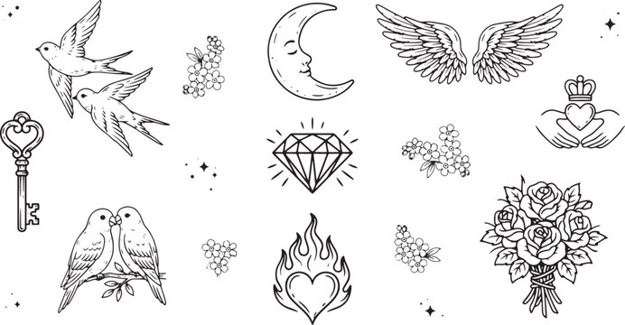 Set of vintage tattoo style featuring birds, a crescent moon, diamond, flaming heart, flowers, and a claddagh ring symbol