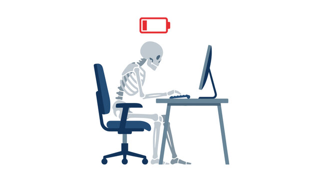Exhausted skeleton working at computer with low battery icon. EPS Editable
