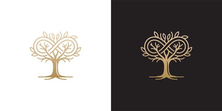 Gold infinity tree logo design vector illustration featuring an abstract branching plant symbol for branding and luxury corporate identity on white and black background