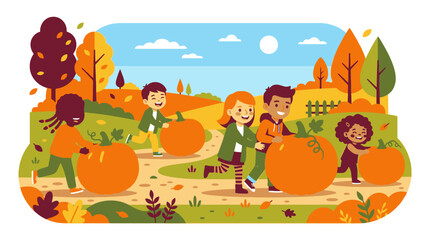 Fototapeta premium Happy children playing with pumpkins in autumn vector illustration. EPS Editable