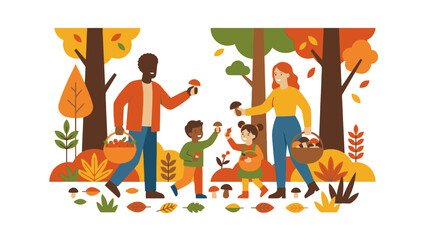 Fototapeta premium Happy family gathering mushrooms in autumn forest with colorful trees and foliage. EPS Editable