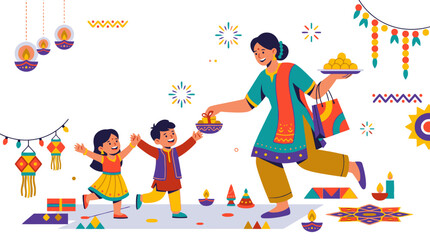 Fototapeta premium Happy Indian family celebrating Diwali festival with traditional clothes and sweets. EPS Editable