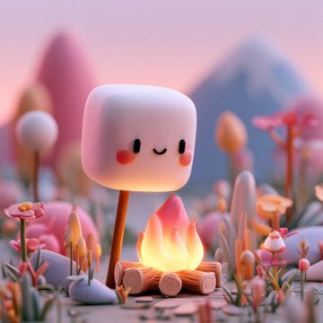 A small bonfire burns with a chunky marshmallow on a stick in a colorful pastel landscape at dusk. Flowers and hills surround the scene.