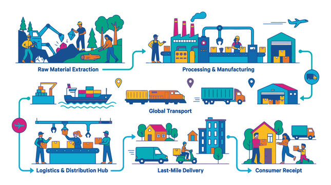 Supply chain illustration showing raw material extraction manufacturing global transport logistics last mile delivery and consumer receipt vector process. EPS Editable