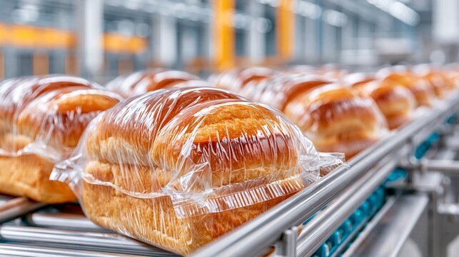 Packaged bread loaves move along a conveyor belt in a busy industrial bakery Generative AI