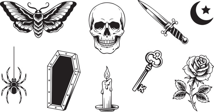 Collection of dark tattoo flash featuring a moth, skull, dagger, moon, spider, coffin, candle, key, and a rose on white