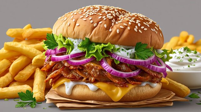 Delicious doner kebab sandwich served with fries and sauce on a table Generative AI