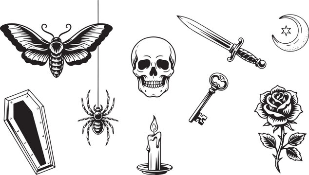 Set of mystical and dark themed tattoo including a death head moth, skull, dagger, key, rose, spider, and candle on white