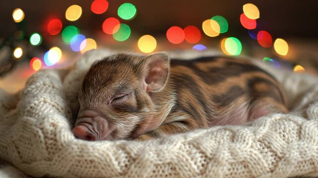 Cute piglet sleeping in a cozy knitted blanket with holiday lights Christmas holiday season