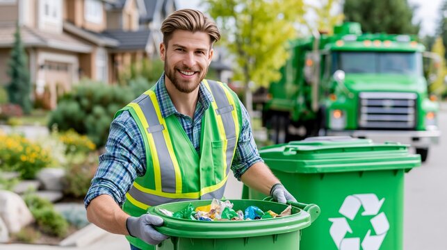 Worker pulls a green recycling bin on a suburban street with a garbage truck parked in the background Generative AI