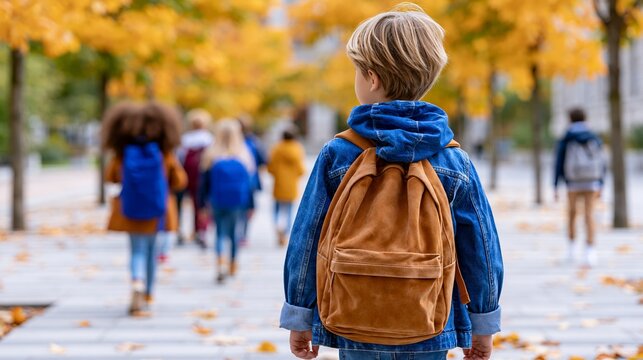 Young student walks on sidewalk with backpack while other school children talk in background with autumn leaves around Generative AI