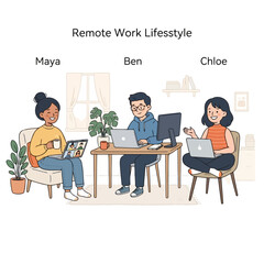 Fototapeta premium Three remote workers collaborate during a video call from home office setting.