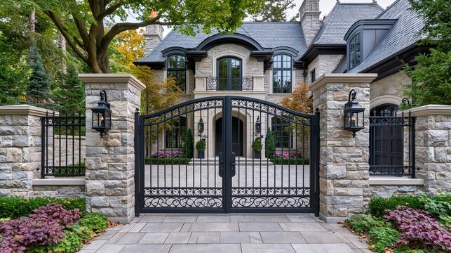 Wrought iron gate stands in front of luxurious stone mansion with landscaped garden in bright daylight Generative AI