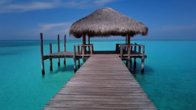 A serene tropical wooden pier extending into crystal turquoise ocean waters leading towards a shaded thatched roof pavilion under a bright blue sky during a peaceful summer day vacation escape