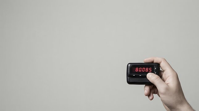 A conceptual image of a classic pager device held in a right hand symbolizing an older form of instant communication. This image can represent themes of technology history medical communication or