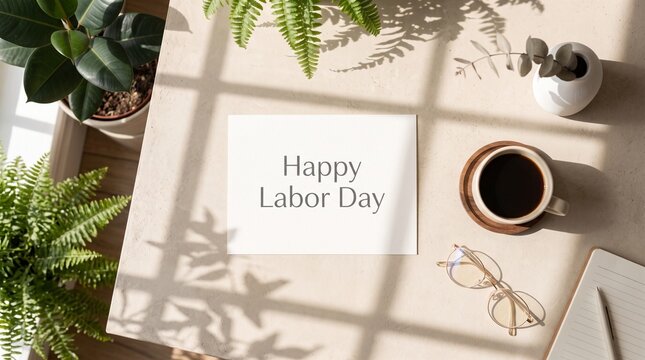 Aesthetic top view flat lay of an office desk with Happy Labor Day greeting card, coffee cup, glasses, green plants and stationery under beautiful morning sunlight and window shadows