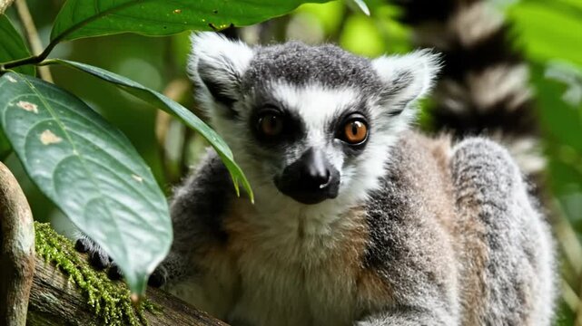 Ring-tailed lemur resting on a tree branch, surrounded by lush green foliage, gazing curiously.