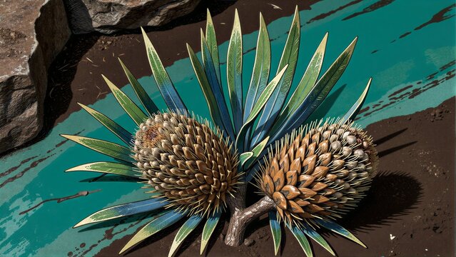 Spiky plants with pinecone-like blooms grow near teal-streaked earth and rocks.