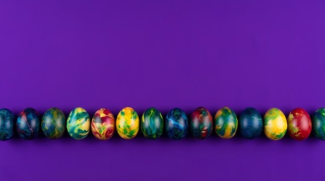 A Colorful Row of Handmade Dyed Easter Eggs Neatly Arranged on a Vibrant Purple Background handmade easter eggs on purple background dyed handmade easter eggs in a row easter eggs decorated eggs