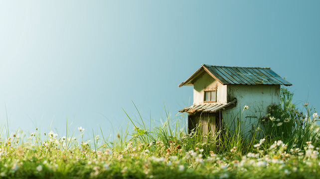 草が生い茂る場所に佇む古い家｜空き家問題・老朽化住宅・放置空き家のイメージ	
