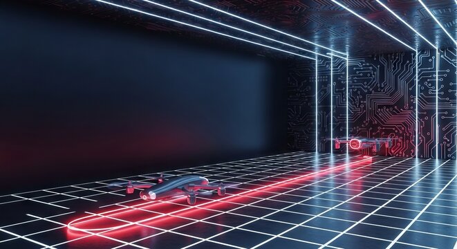 A dark futuristic drone testing stage featuring a glowing grid floor, neon crimson flight paths, and intricate motherboard circuitry patterns, abstract, grid, communication