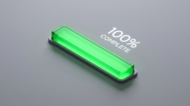 Green progress bar showing 100 percent complete. Digital loading status indicator icon.