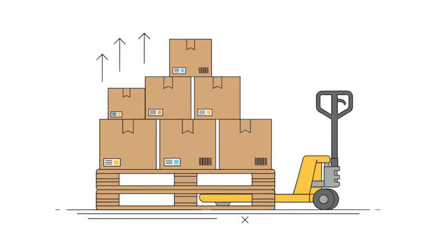 Manual pallet jack lifting stacked brown cardboard boxes on a wooden pallet ready for shipping in a clean industrial warehouse setting.