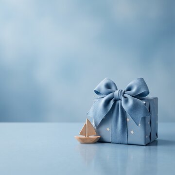 A charming blue gift box, tied with a ribbon and decorated with white polka dots, sits beside a miniature wooden sailboat against a soft blue bokeh background.