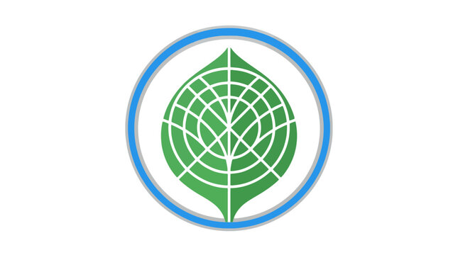 Green Leaf Icon With Geometric Grid Pattern Inside Blue Circle. EPS Editable. Vector Illustrations.