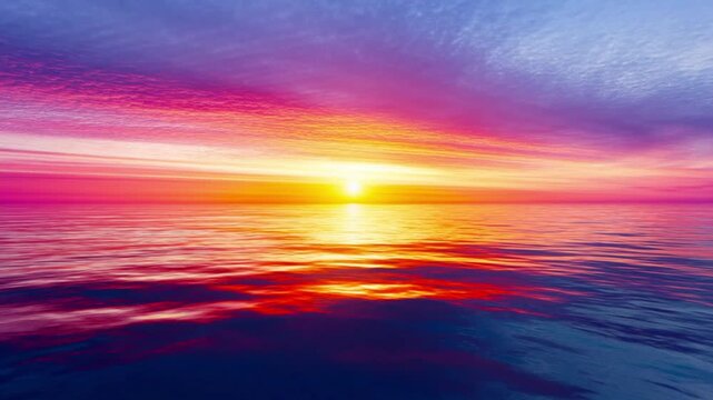 A cinematic view of a colorful sunset over a calm ocean with vibrant pink, purple, orange, and blue clouds reflected on the peaceful sea surface.