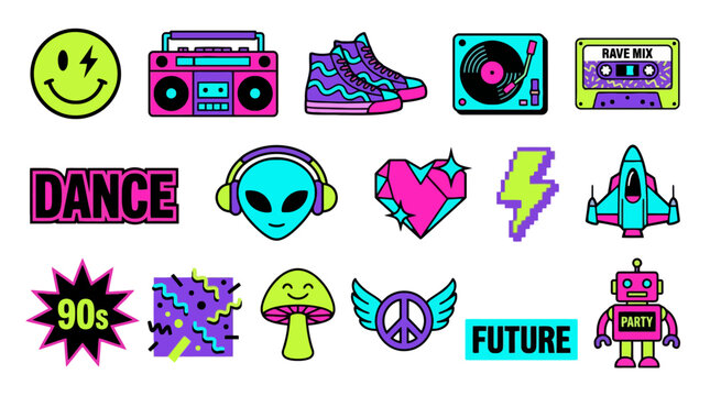 Retro nineties pop culture sticker collection with vibrant neon icons. EPS Editable. Vector Illustrations.