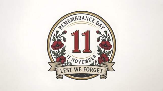 Remembrance day commemorative emblem with red poppies and the phrase lest we forget on white background