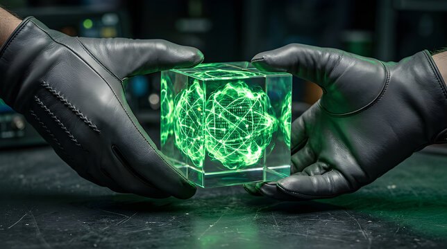 Extreme macro surreal photo of hands exchanging a transparent cube containing a glowing green quantum data network.
