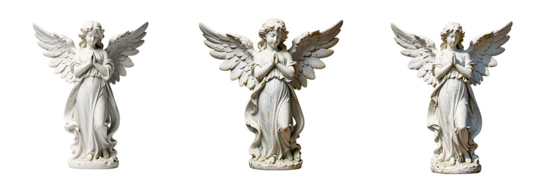 Three marble angel statues with wings in prayer isolated on black background