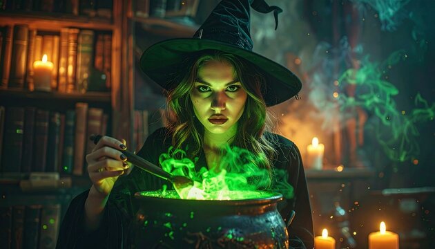 Young witch stirring a glowing green potion in a cauldron