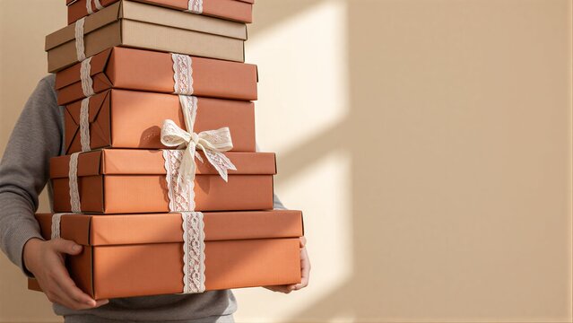 Stack of orange gift boxes tied with lace ribbon, held by a person.