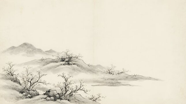 A Traditional Chinese Spring Landscape in Artistic Style: A beautiful and serene landscape painting in a classic Chinese artistic style depicting the essence of spring. Rolling hills delicate trees