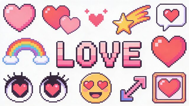Pixel art love icons collection featuring pink hearts rainbow shooting star emoji and text for valentines day design