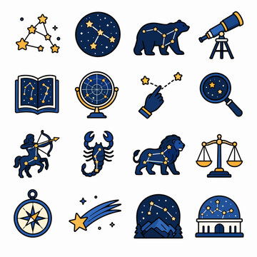 Colorful Astronomy and Zodiac Icon Collection.