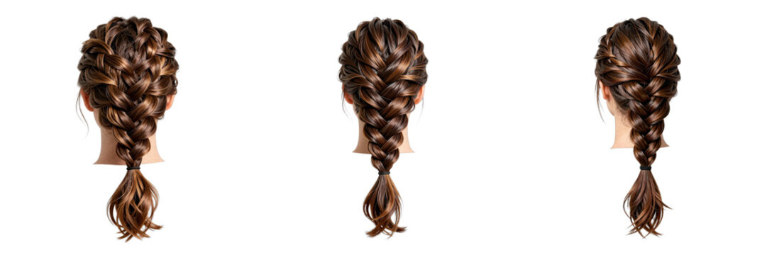 Illustration of three different views of a french braid hairstyle on a woman with dark hair