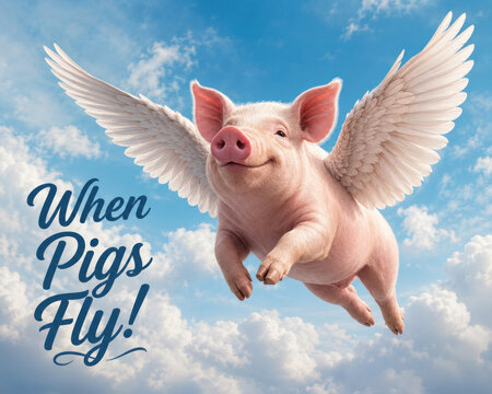 Flying Pig With Wings in Blue Sky and When Pigs Fly Quote