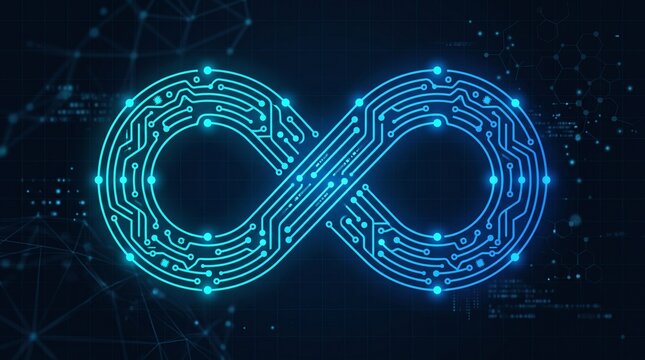 Glowing digital infinity symbol featuring electronic circuit patterns and blue fiber optic connections on dark tech background