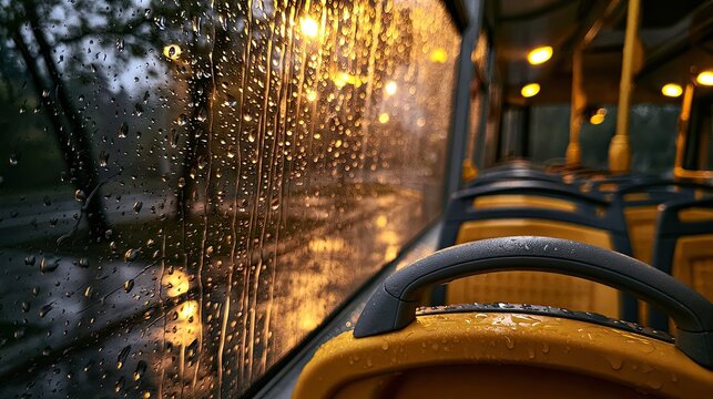 Rainy bus window with water droplets and glowing streetlights inside